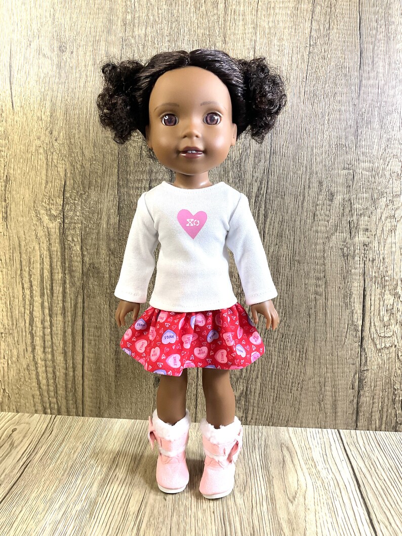 Valentine Conversation Hearts Tee and Skirt Fits 14.5 Dolls Like Welliwishers Red Pink and White image 1
