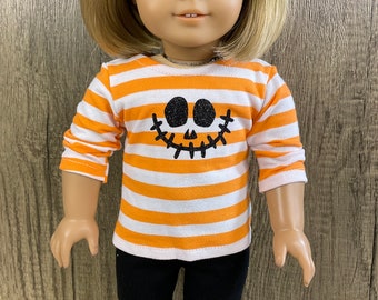 Graphic Tee Shirt For Halloween Fits 18 Inch Dolls Pumpkin Face Orange and White Stripes