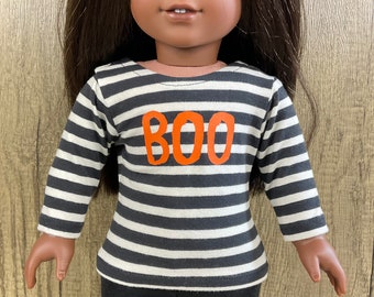 Halloween Graphic Tee Fits 18 Inch Dolls Orange BOO on Black and White Stripes
