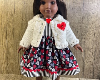 Valentine Hearts Dress and Sweater Fits 18 Inch American Girl Dolls Grey Red White and Stripes