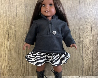 Made For American Girl 18" Dolls Black Polar Fleece Half Zip Pullover and Zebra Print Corduroy Skirt