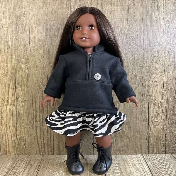 Made For American Girl 18" Dolls Black Polar Fleece Half Zip Pullover and Zebra Print Corduroy Skirt