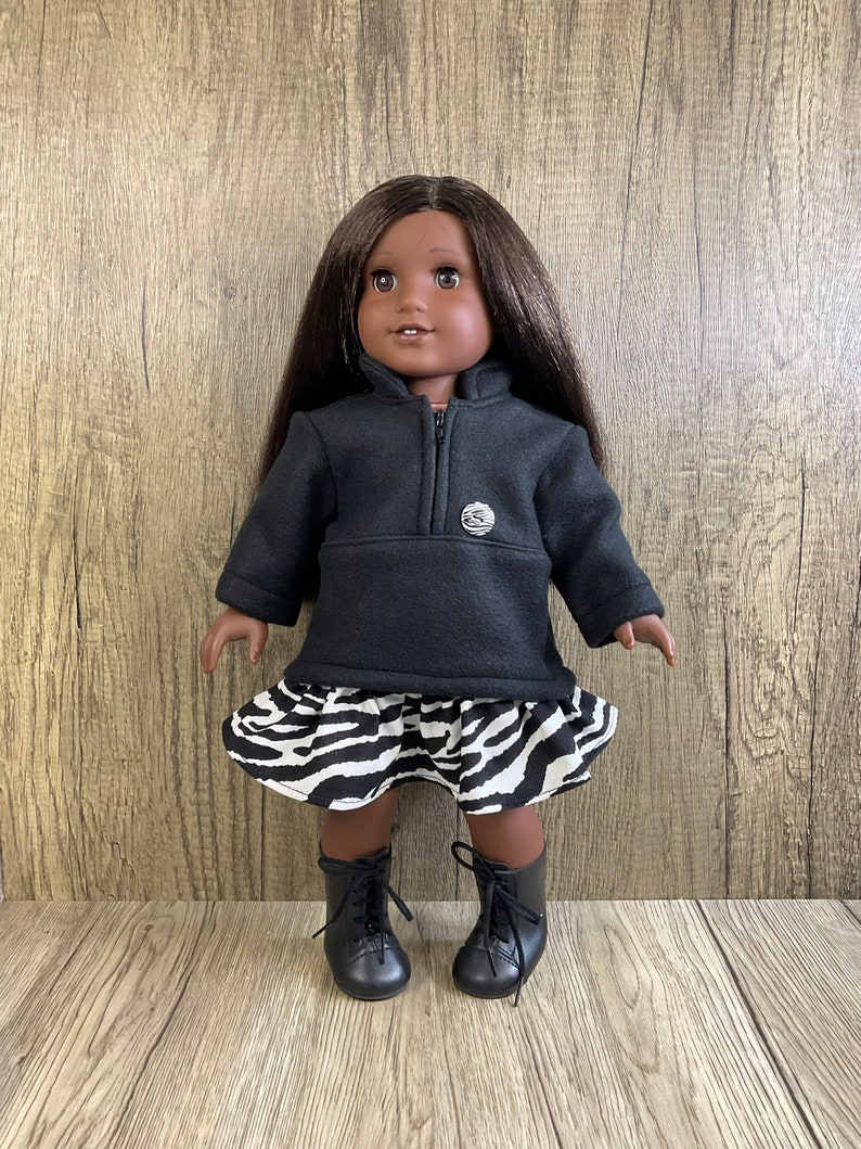 Made For American Girl 18 Dolls Black Polar Fleece Half Zip Pullover and Zebra Print Corduroy Skirt image 1