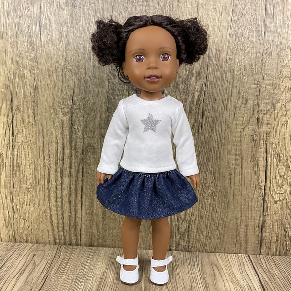 Silver Star Graphic Tee and Denim Skirt Fits 14.5" Dolls Like Welliwishers