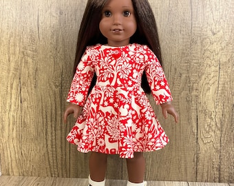 Gorgeous Winter/Animal Print in Red and Cream Circle Skirt Dress Fits American Girl 18 Inch Dolls