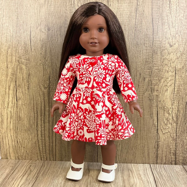 Gorgeous Winter/Animal Print in Red and Cream Circle Skirt Dress Fits American Girl 18 Inch Dolls