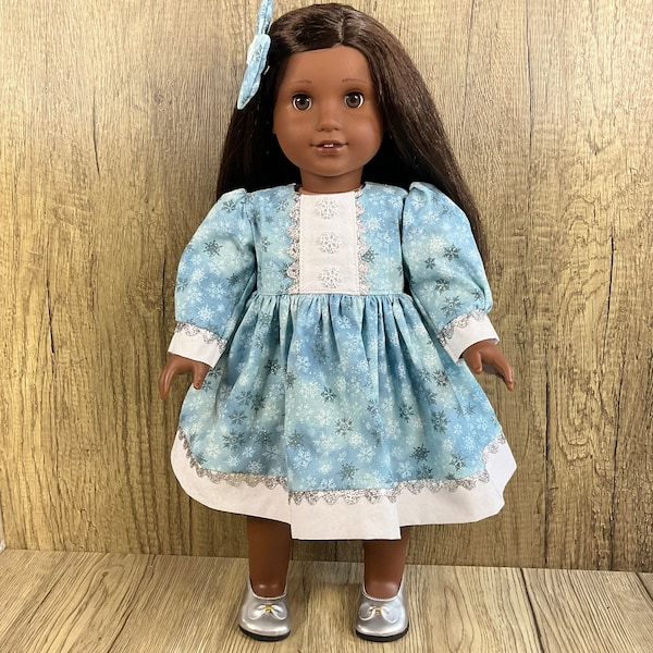 18 Inch Doll Snowflake Dress and Hair Bow for Holiday or Winter Fun!