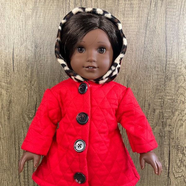 Red With Leopard Trim Unlined Hooded Jacket Made for American Girl 18 Inch Dolls