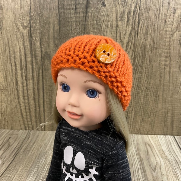 Fits Welliewishers 14 Inch Dolls Hand Knit Hat Fall Rust Orange Doll Accessory