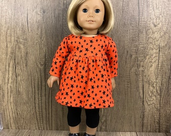 Made For American Girl Dolls Halloween Baby Doll Dress and Leggings Stars Orange and Black