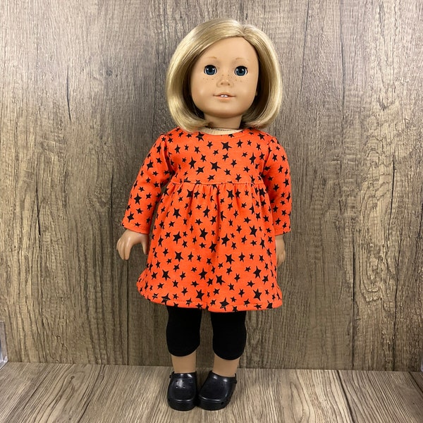 Made For American Girl Dolls Halloween Baby Doll Dress and Leggings Stars Orange and Black