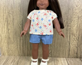 REDUCED! Fits American Girl 18" Doll Clothing Shorts Chambray Denim Shorts 4 Pockets Floral Peasant Top