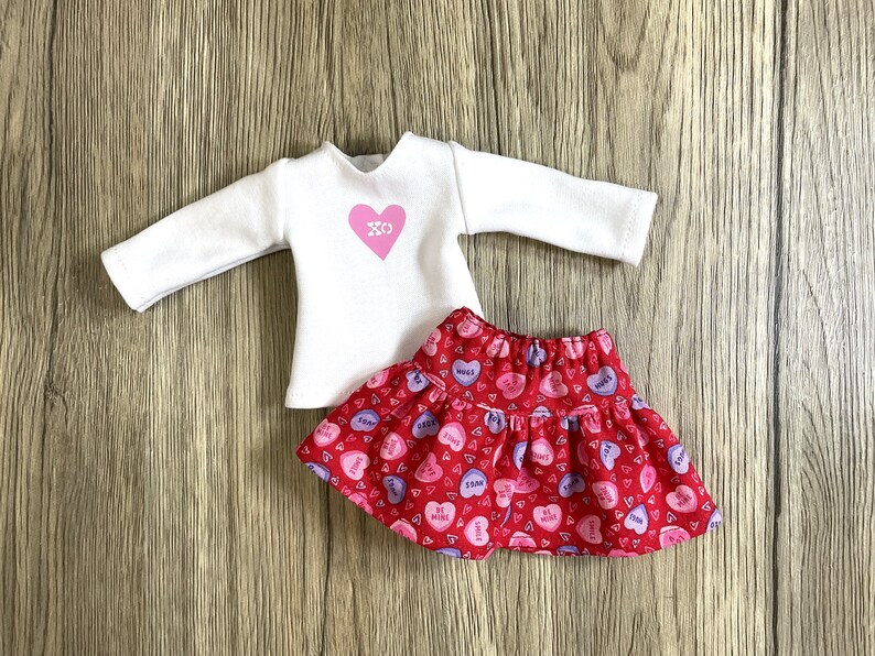 Valentine Conversation Hearts Tee and Skirt Fits 14.5 Dolls Like Welliwishers Red Pink and White image 4