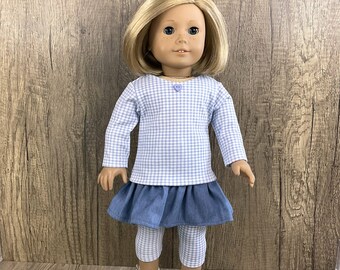 Made For 18 Inch Dolls Like American Girl Chambray Denim Skirt, Tee Shirt, Leggings 3 Piece Set