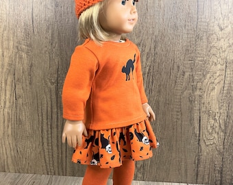 Fits American Girl Graphic Tee Shirt Skirt Leggings Knit Hat Black Cat Skull Pumpkin
