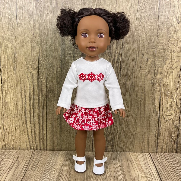 Winter Snowflake Tee and Skirt Fits 14.5" Dolls Like Welliwishers Red and White