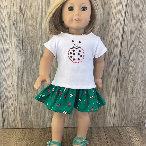 Ladybugs! 2 Piece Set Handmade to Fit American Girl 18 Inch Dolls Tee Shirt and Ruffled Skirt