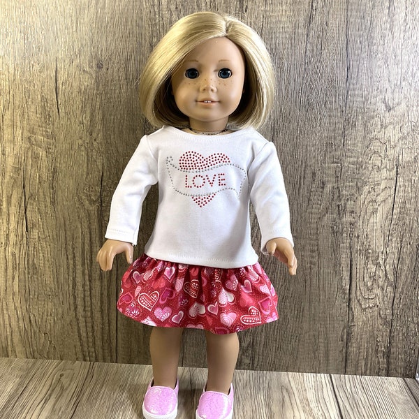 Rhinestone Love Valentine 2 Piece Set Handmade to Fit American Girl 18 Inch Dolls Tee Shirt and Ruffled Skirt