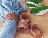 4 Boho Wood vintage 1970s NAPKIN RINGS hand carved napkin holders free shipping