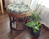 Circular Bamboo Rattan Ottoman Stool w cushion - Peacock Wicker table piece Modern boho 1970s - Free Shipping