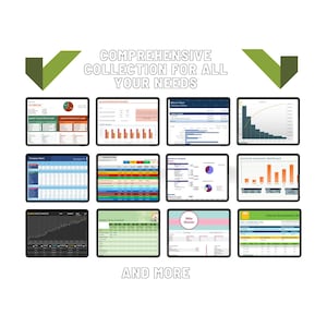 Könnte beinhalten: Eine Sammlung von 12 verschiedenen Tabellenkalkulations-Dashboards mit verschiedenen Diagrammen und Grafiken. Die Dashboards werden auf einem weißen Hintergrund mit dem Text "COMPREHENSIVE COLLECTION FOR ALL YOUR NEEDS" und "AND MORE" oben und unten im Bild angezeigt.