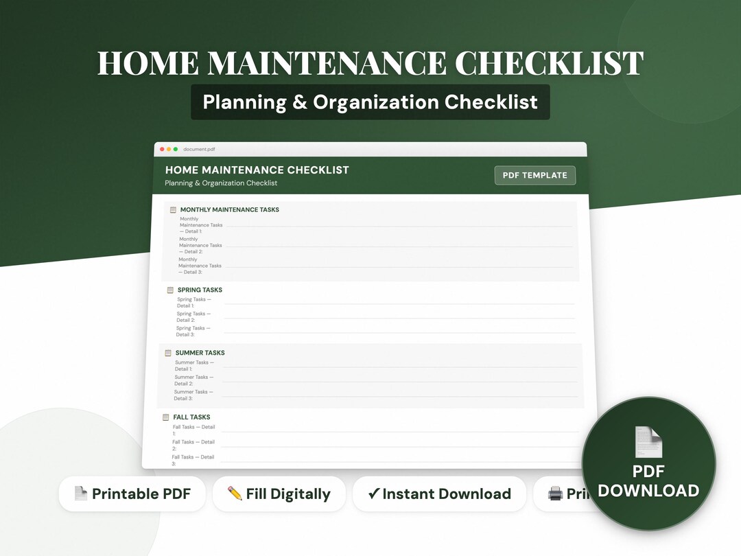 Home Maintenance Checklist | House Upkeep Planner PDF | Homeowner ...