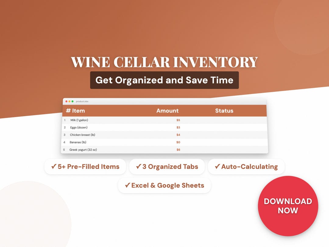 Wine Cellar Inventory | Kitchen Excel Template | Meal Planning Tool ...