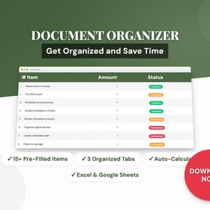 May include: A document organizer interface with a green and white design. The text reads "Document Organizer" and "Get Organized and Save Time." Features include pre-filled items, organized tabs, and auto-calculation. A red button says "Download Now."