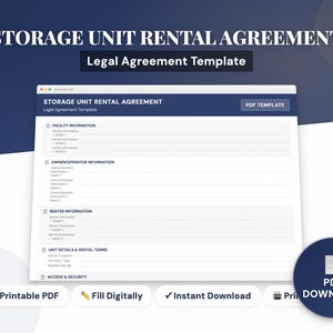 May include: A digital template for a Storage Unit Rental Agreement. The document is displayed on a computer screen, with a blue and white color scheme. The text includes "Legal Agreement Template" and "PDF Template". Buttons indicate options for PDF download and digital filling.