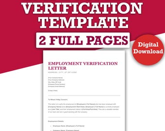 May include: A printable employment verification letter template with the text "EMPLOYMENT VERIFICATION LETTER" and "2 FULL PAGES" in a maroon color. The template is a digital download.