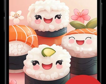 Kawaii Sushi iPhone Wallpaper – Set of 4 Japanese Phone Backgrounds (Digital Download)