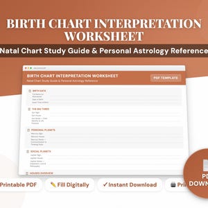 May include: A digital worksheet titled "Birth Chart Interpretation Worksheet" with the text "Natal Chart Study Guide & Personal Astrology Reference." The worksheet is displayed on a computer screen, with a PDF download button.