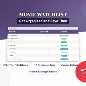 Movie Watchlist | TV Show Tracker Excel Template | Entertainment Log | Google Sheets