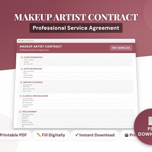 Peut inclure: Un modèle numérique de contrat d'artiste maquilleur avec le texte "MAKEUP ARTIST CONTRACT" et "Professional Service Agreement". Le document comprend des sections pour les informations sur le client et l'artiste, les services, l'horaire et les honoraires. Un bouton de téléchargement PDF est visible.