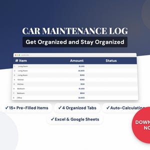 Car Maintenance Log | Vehicle Service Excel Template | Auto Maintenance Tracker | Google Sheets