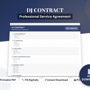May include: A digital DJ contract template with the text "DJ CONTRACT Professional Service Agreement" in white on a dark blue background. The document includes sections for client information, event details, and equipment setup. A PDF download button is visible.
