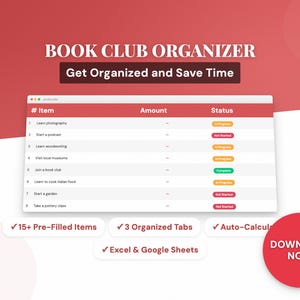 May include: A digital graphic advertising a book club organiser. The text reads "BOOK CLUB ORGANIZER" and "Get Organised and Save Time." The organiser includes pre-filled items, organised tabs, auto-calculation, and Excel & Google Sheets compatibility.