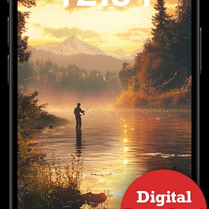 May include: A digital phone screen displaying a sunset landscape with a silhouette of a person fishing in a lake. The time is 12:34 and the date is Friday, August 10. The words "Digital Download" are in a red circle at the bottom of the screen.
