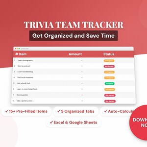Könnte beinhalten: Ein digitaler Trivia-Team-Tracker mit rotem und weißem Farbschema. Der Text "TRIVIA TEAM TRACKER" und "Get Organized and Save Time" werden oben angezeigt. Der Tracker enthält vorgefüllte Elemente, organisierte Registerkarten und Auto-Berechnungsfunktionen.