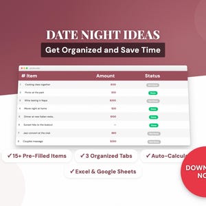 Ideias para Encontros Românticos | Planilha de Planejamento de Encontros em Excel | Lista de Atividades para Casais | Planilhas Google