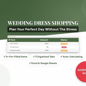 May include: A digital wedding planning template with the text "WEDDING DRESS SHOPPING" and "Plan Your Perfect Day Without The Stress." The template includes a table with itemized costs and a red "DOWNLOAD NOW" button.
