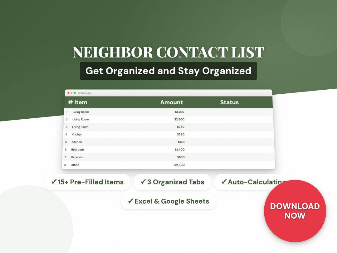 Neighbor List Example Neighbor Contact List | Home Excel Template | House Organizer | Google ...