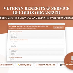 Puede incluir: Documento digital titulado "VETERAN BENEFITS & SERVICE RECORDS ORGANIZER" con secciones para el registro de servicio militar, documentos de baja y separación, atención médica de VA y compensación por discapacidad. Plantilla PDF.