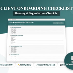 以下が含まれることがあります： 「Client Onboarding Checklist」というタイトルと「Planning & Organization Checklist」というサブタイトルが付いた、デジタルクライアントオンボーディングチェックリスト。 チェックリストはコンピュータ画面に表示され、PDFダウンロード、印刷可能なPDF、インスタントダウンロードのオプションがあります。
