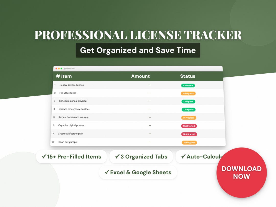 Professional License Tracker | Life-admin Excel Template | Organizer ...