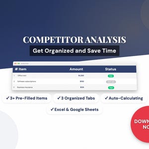 Könnte beinhalten: Eine digitale Grafik mit dem Text „COMPETITOR ANALYSIS“ und „Get Organized and Save Time“. Sie enthält eine Tabelle mit Finanzdaten und Häkchen, die Funktionen wie vorgefüllte Elemente und automatische Berechnungsfunktionen anzeigen. Ein roter Kreis sagt „DOWNLOAD NOW“.