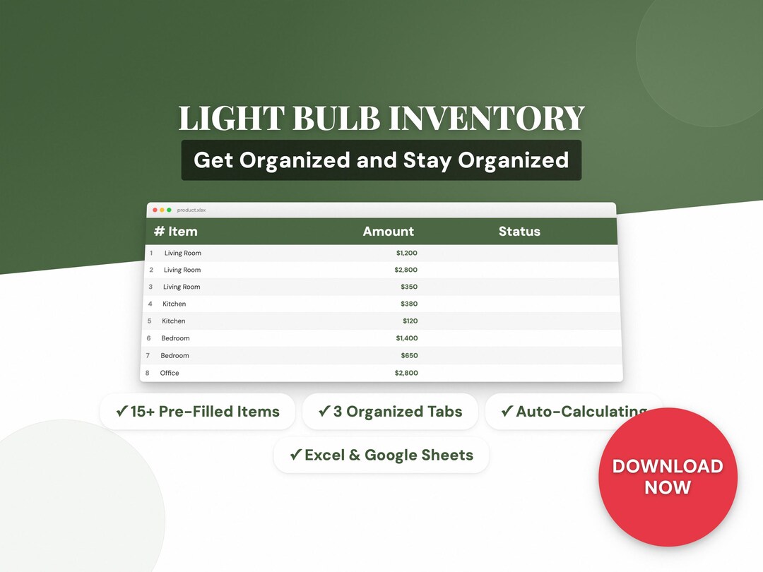 Light Bulb Inventory | Home Excel Template | Organizer Planner | Google ...