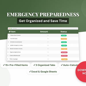Peut inclure: Une liste de contrôle numérique de préparation aux situations d'urgence avec le texte "EMERGENCY PREPAREDNESS" et "Get Organized and Save Time." La liste comprend des éléments pré-remplis, des onglets organisés et des fonctions de calcul automatique.