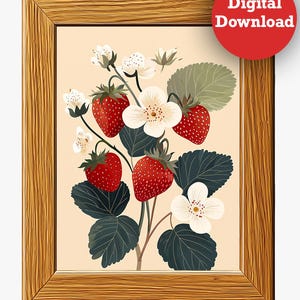 Charming Strawberry Printable Wall Art – 12x16 Digital Download for Kitchen, Nursery, or Living Room Decor – Cozy Botanical Fruit Print