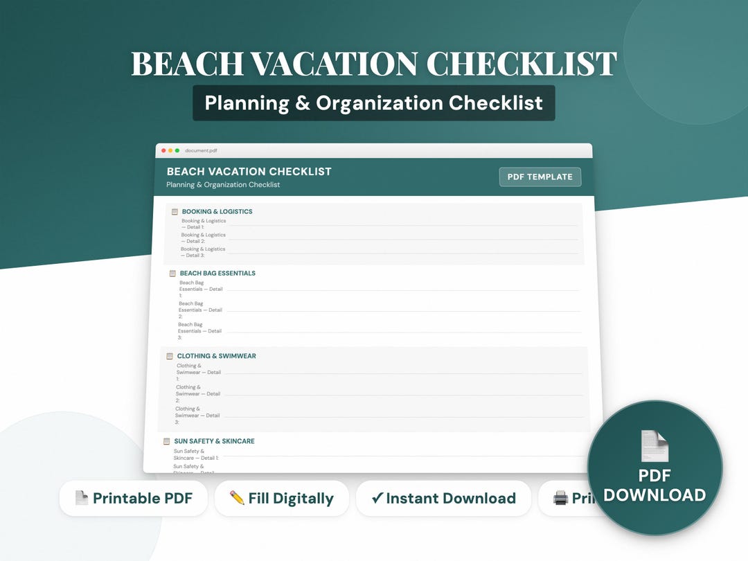 Beach Vacation Checklist | Trip Planner PDF (instant Download) - Etsy